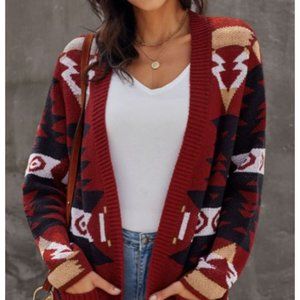 Red Moraga Pocketed Aztec Cardigan